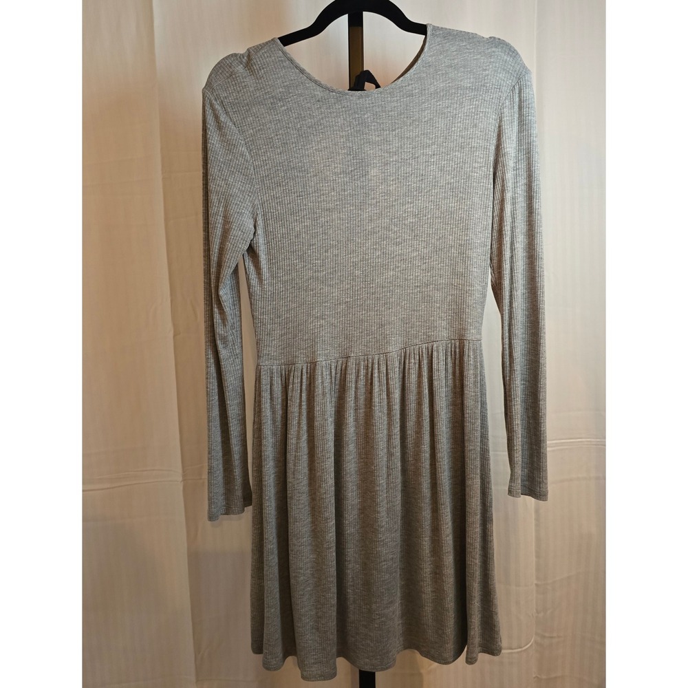 PPLA Women S Grey Ribbed Long Sleeve Dress Black Tie Back CutOut Mini Light Chic